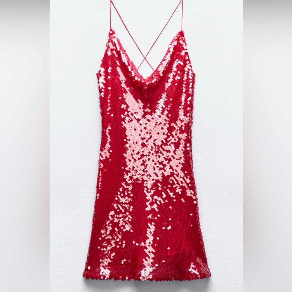 Zara Red Sequin Slip Dress with Cowl Neck
